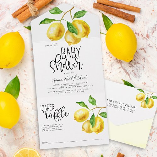 Lemon Drop Watercolor Diaper Raffle Baby Shower All In One Invitation