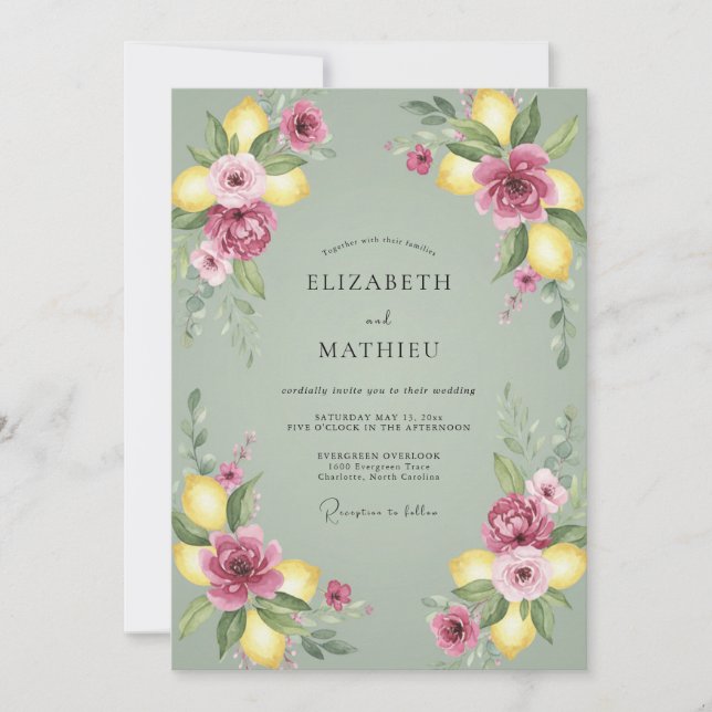 Lemon Dusty Pink Citrus Eucalyptus Wedding Invitation (Front)