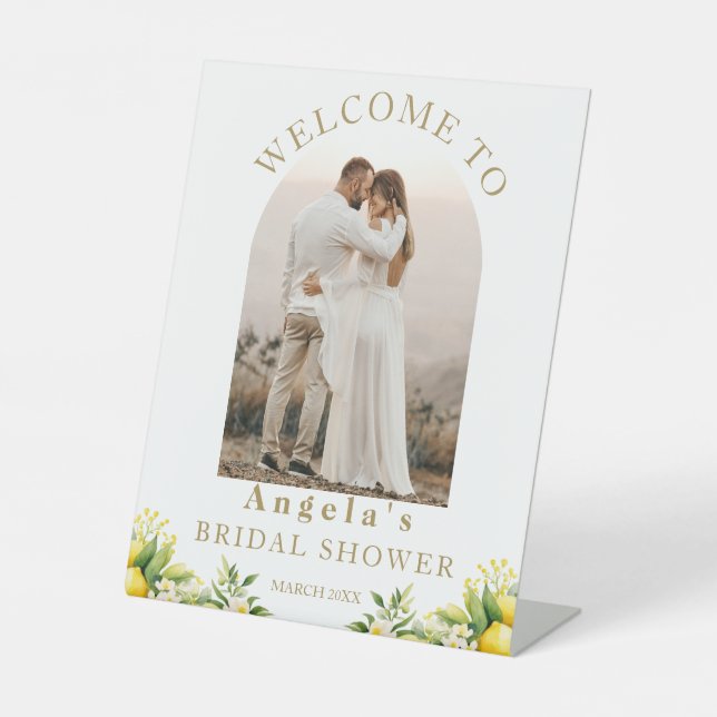Lemon Elegant Modern Welcome Bridal Shower photo Pedestal Sign (Front)