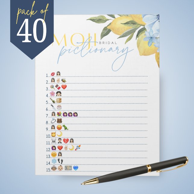 Lemon Emoji Pictionary Bridal Shower Game Pack Notepad (Main Squeeze Lemon and Blue Flower Emoji PIctionary Bridal Shower Game Pack of 40 Games)