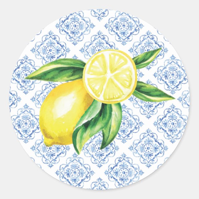 Lemon Envelope Seals, Blue Tile Italian Classic Round Sticker (Front)
