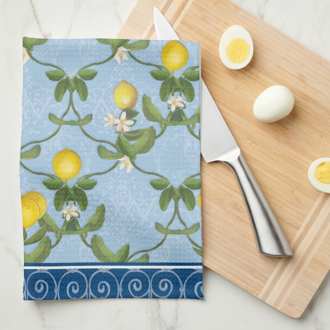Lemon Espalier Leaf Blue French Country Floral Towel (Quarter Fold)