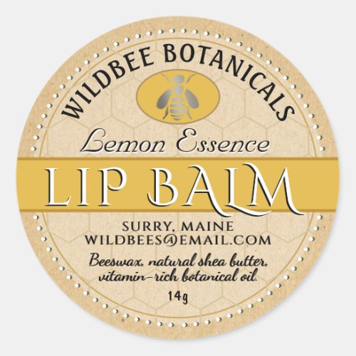 Lemon Essence Kraft Beeswax Lip Balm Dotted Border Classic Round Sticker