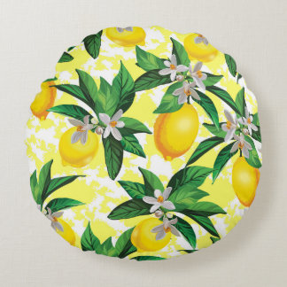 Lemon Fantasy: Creative Floral Pattern Round Pillow