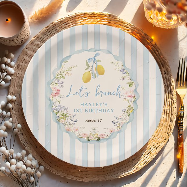 Lemon Floral Blue Bows Paper Plate (Creator Uploaded)