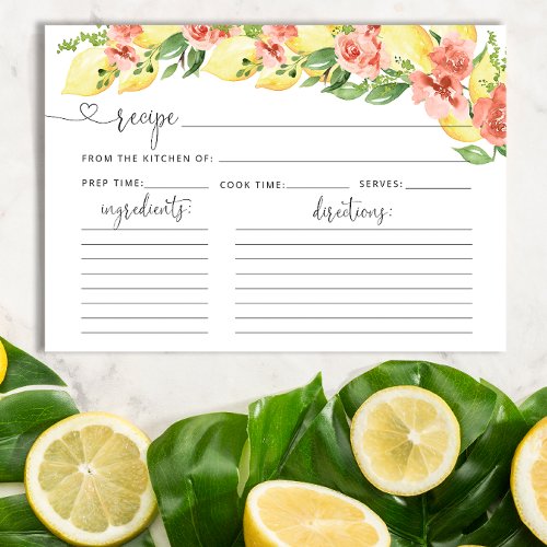Lemon Floral Bridal Shower Recipe Card