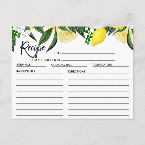 Lemon Floral Bridal Shower Recipe Card