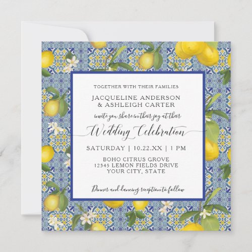 Lemon Floral Citrus Blue and White Tile Wedding Invitation