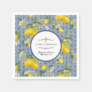 Lemon Floral Citrus Foliage 1st Communion Blue Napkins