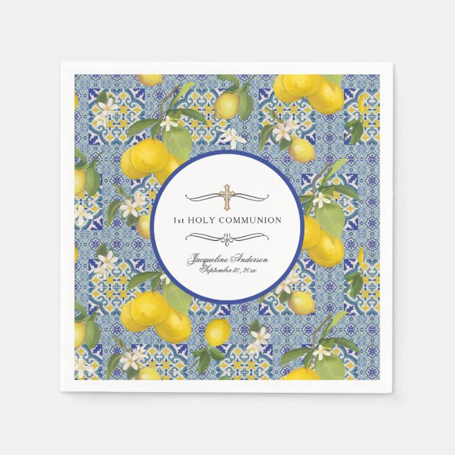 Lemon Floral Citrus Foliage 1st Communion Blue  Napkins (Front)