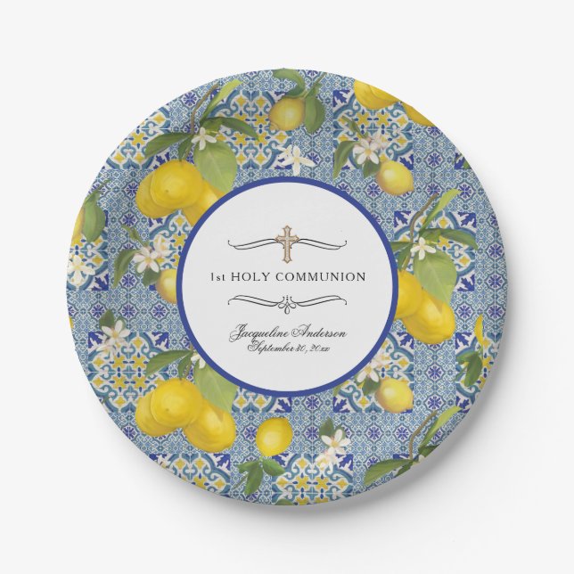Lemon Floral Citrus Foliage Blue 1st Communion Paper Plates (Front)