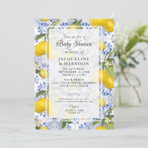 Lemon Floral Citrus Foliage Blue White Baby Shower Invitation