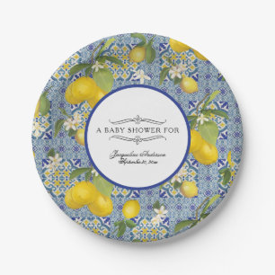 Lemon Floral Citrus Foliage Blue White Baby Shower Paper Plates