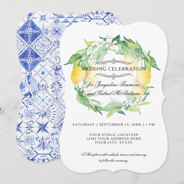 Lemon Floral Citrus Foliage Rustic Blue White Tile Invitation (Front/Back)