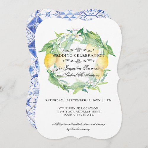 Lemon Floral Citrus Foliage Rustic Blue White Tile Invitation