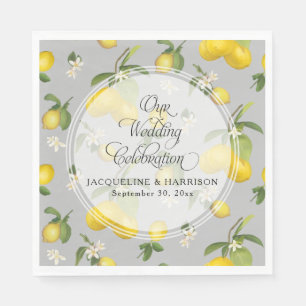 Lemon Floral Citrus Greenery Grey n Yellow Wedding Napkins
