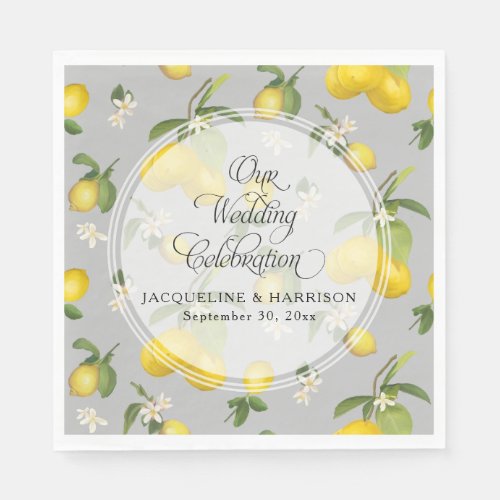 Lemon Floral Citrus Greenery Grey n Yellow Wedding Napkins