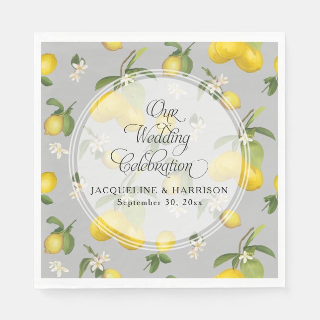 Lemon Floral Citrus Greenery Grey n Yellow Wedding Napkins (Front)