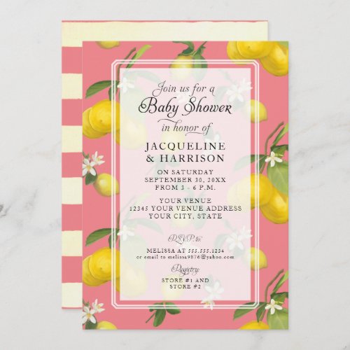 Lemon Floral Citrus Greenery Pink Baby Girl Shower Invitation