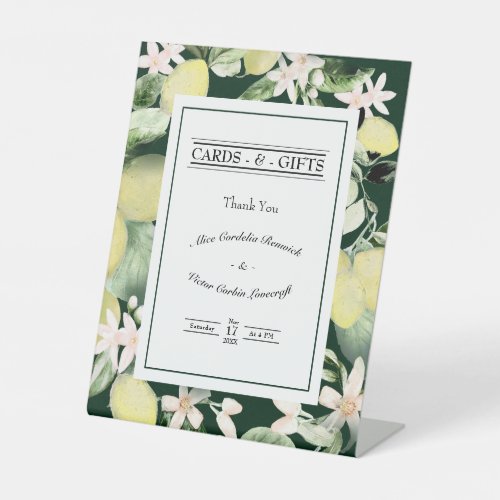 Lemon Floral Emerald Green Wedding Cards and Gifts Pedestal Sign
