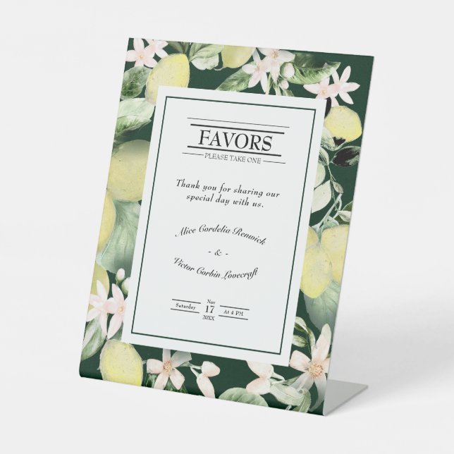 Lemon Floral Emerald Green Wedding Favors Sign (Front)