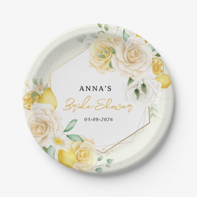 Lemon Floral Eucalyptus Floral Bridal Shower  Paper Plates (Front)