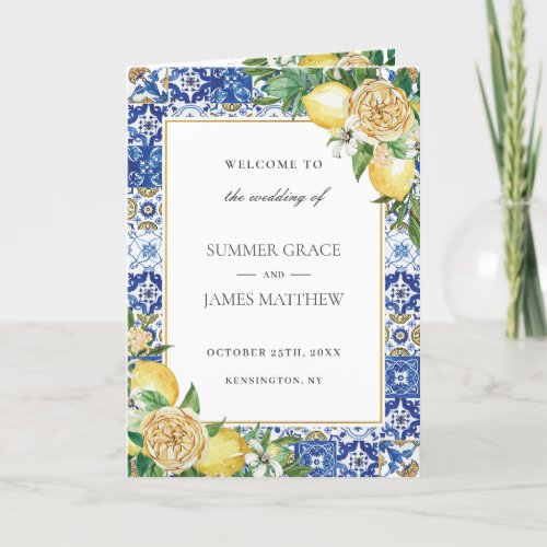 Lemon Floral Greenery Azure Mosaic Tiles Wedding   Program