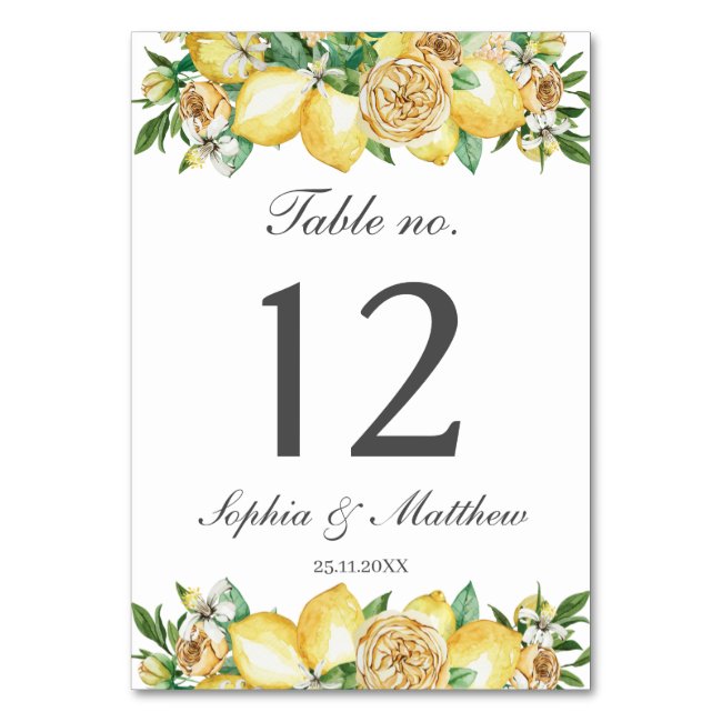 Lemon Floral Greenery Wedding Bridal Baby Shower Table Number