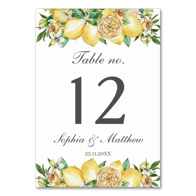 Lemon Floral Greenery Wedding Bridal Baby Shower Table Number (Front)