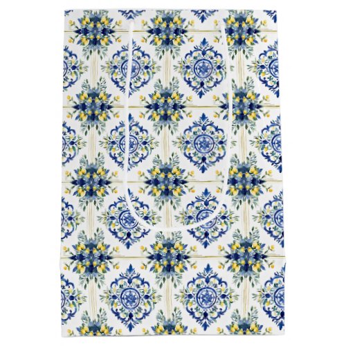 Lemon Floral Italian Tile Blue and White Decoupage Medium Gift Bag