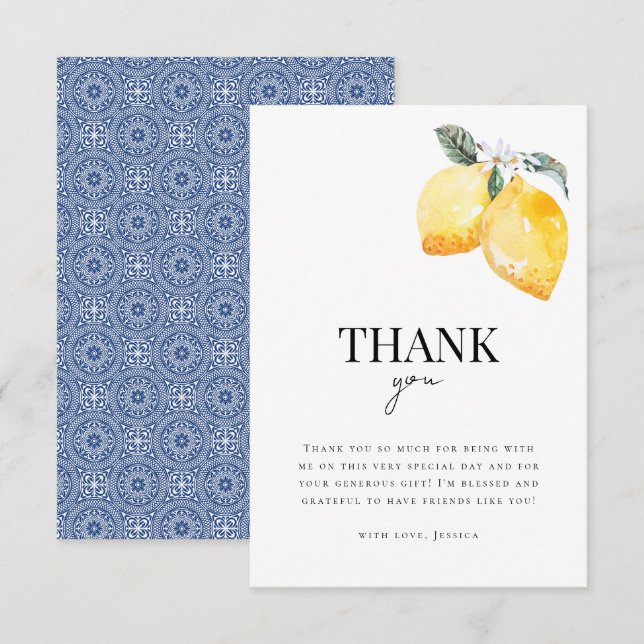 Lemon Floral & Italian Tile Citrus Bridal Shower Thank You Card (Front/Back)