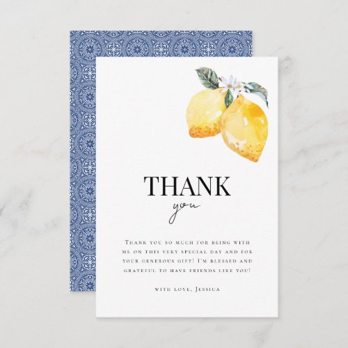 Lemon Floral  Italian Tile Citrus Bridal Shower Thank You Card