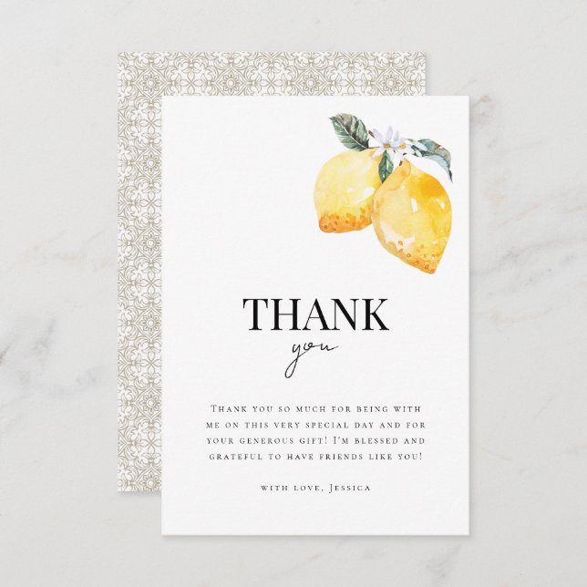 Lemon Floral & Italian Tile Citrus Bridal Shower Thank You Card (Front/Back)