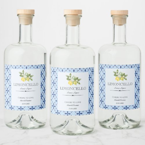 Lemon Floral Limoncello Wedding Blue Tile Italian  Liquor Bottle Label