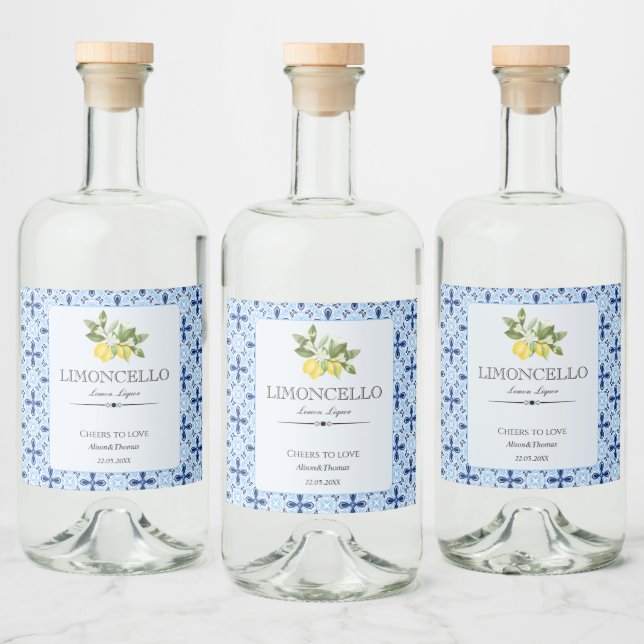 Lemon Floral Limoncello Wedding Blue Tile Italian  Liquor Bottle Label (Bottles)