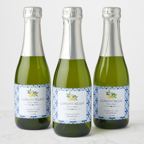 Lemon Floral Limoncello Wedding Blue Tile Italian  Sparkling Wine Label
