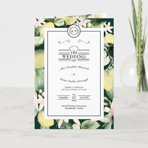 Lemon Floral Monogram Emerald Green Wedding Folded Program