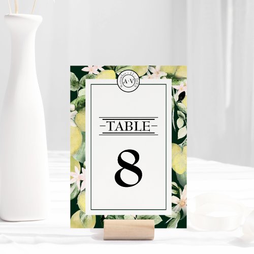 Lemon Floral Monogram Emerald Green Wedding Table Number