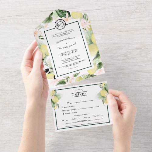 Lemon Floral Monogram White Wedding Menu Choice All In One Invitation