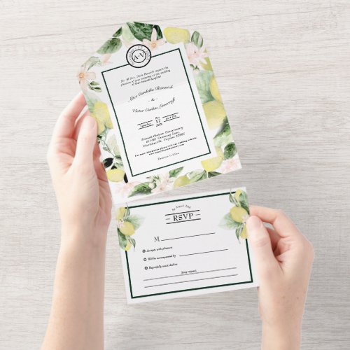 Lemon Floral Monogram White Wedding Song Request All In One Invitation