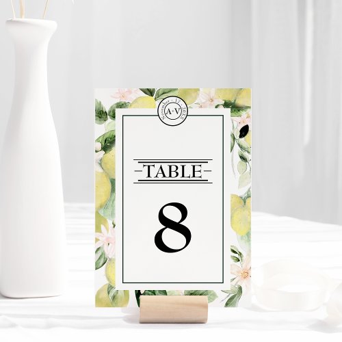 Lemon Floral Monogram White Wedding Table Number