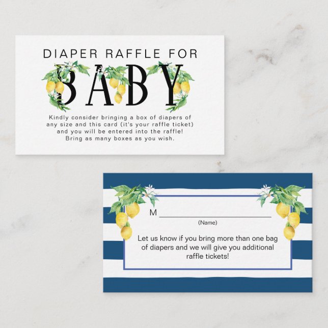 Lemon Floral Navy Blue White Diaper Raffle Enclosure Card (Front/Back)