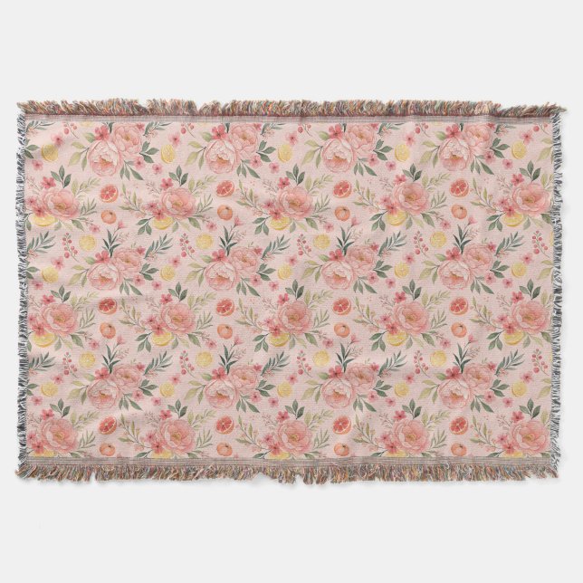 Lemon  Floral pink Peony Pattern  Throw Blanket (Front)