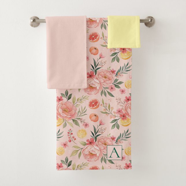 Lemon  Floral pink Peony rustic Pattern monogram Bath Towel Set (Insitu)
