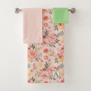 Lemon Floral pink Peony rustic Pattern monogram Bath Towel Set