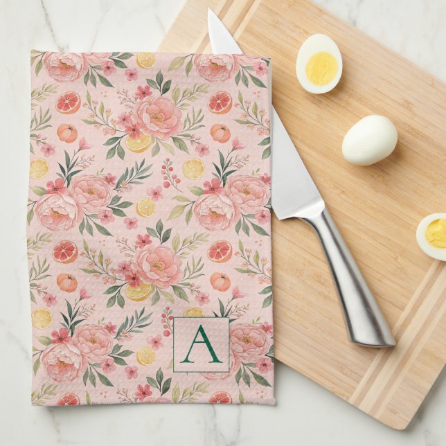 Lemon  Floral pink Peony rustic Pattern monogram Kitchen Towel (Quarter Fold)