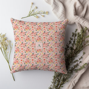 Lemon Floral pink Peony rustic Pattern monogram Throw Pillow