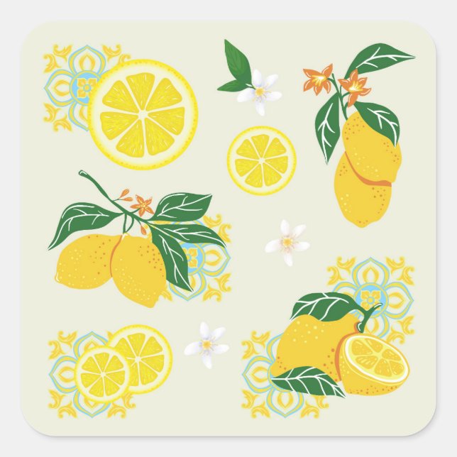  Lemon Floral Square Sticker (Front)