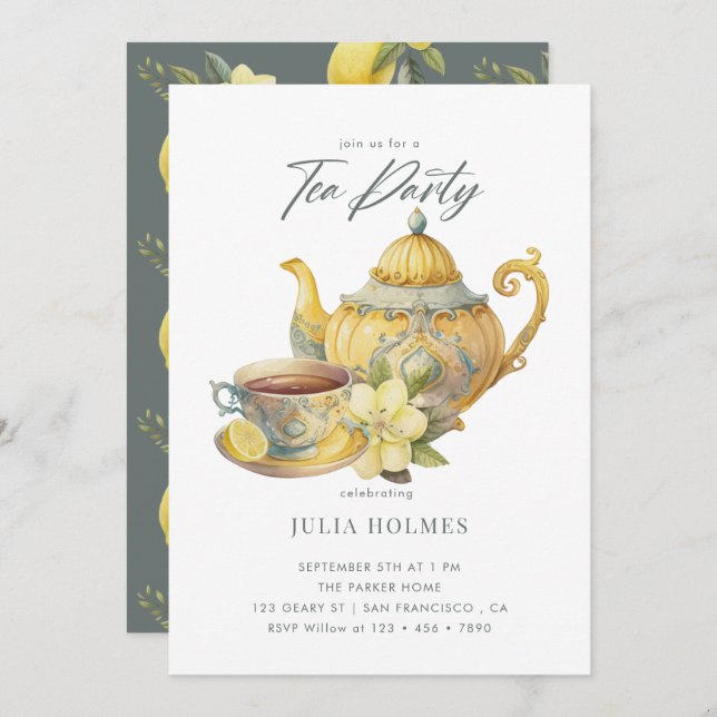 Lemon Floral | Teacup Tea Party Invitation (Front/Back)
