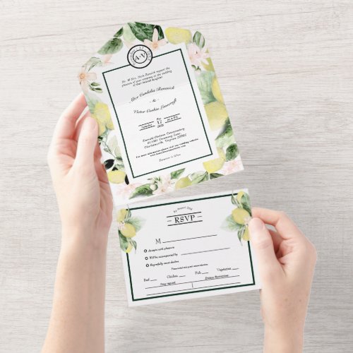 Lemon Floral White Wedding Menu and Song Request All In One Invitation